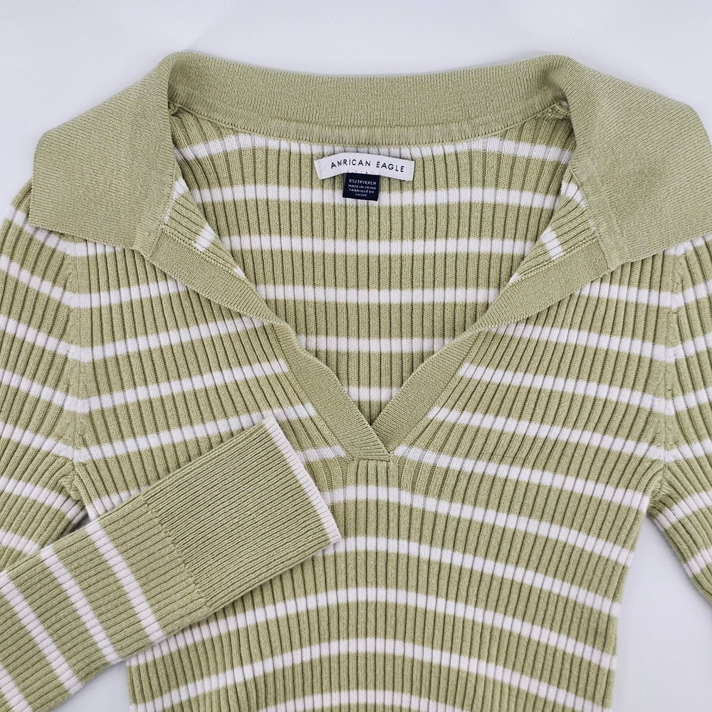 American‎ Eagle Striped Polo Sweater Womens XS Green White V-Neck Long Sleeve